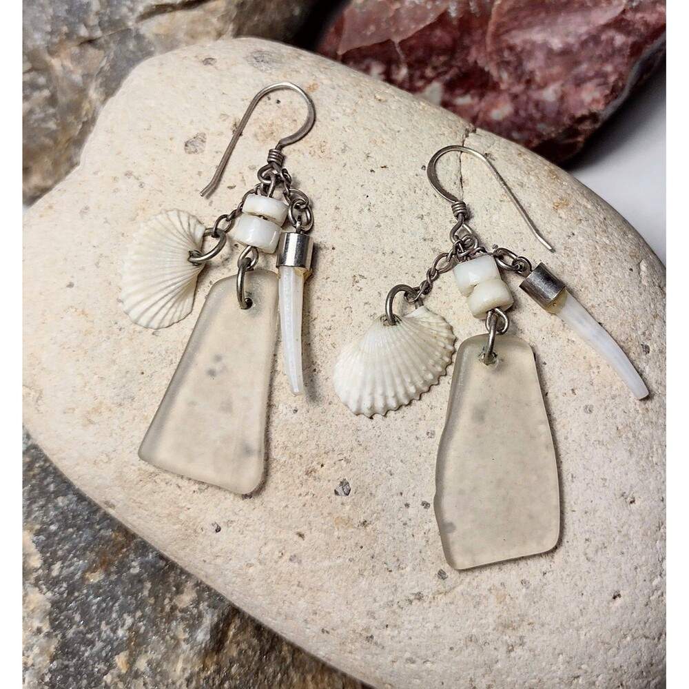 Sterling Silver Sea Glass Seashell Dangle Earrings Ocean Beach